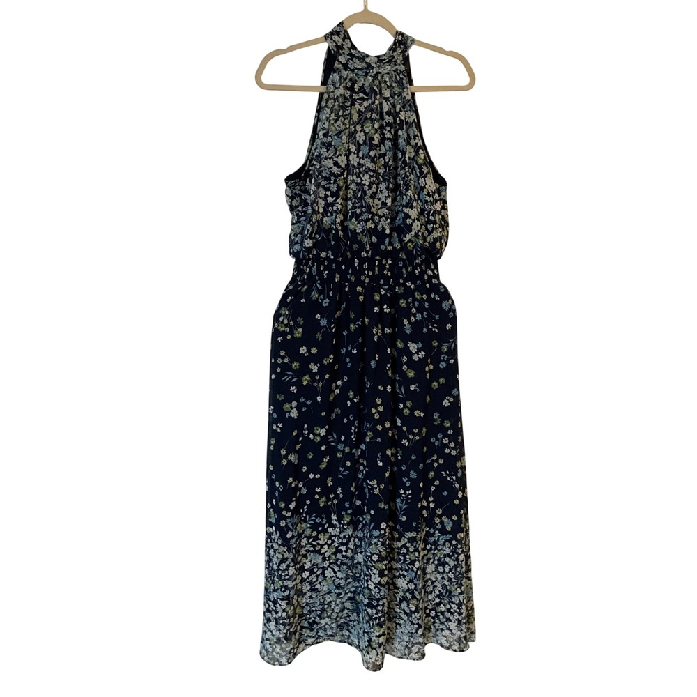 MSK Womens Navy Blue Floral Halter Neck Smocked Waist Maxi Dress Size M